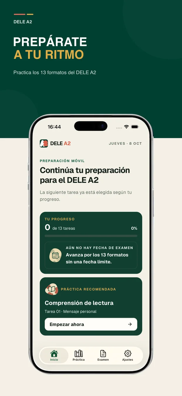 Pantalla de inicio de DELE A2 con el plan de preparación y las cuatro destrezas